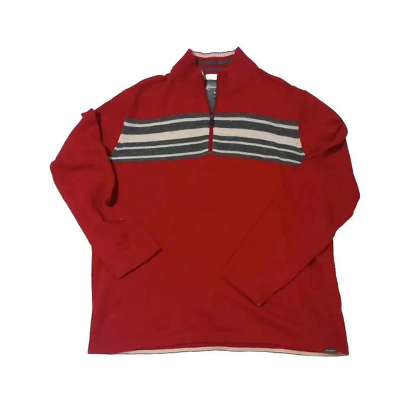 Eddie Bauer Wool Blend 1/4 Zip Sweater Mock Neck Sz XL Set Red Gray Stripe - Picture 3 of 8